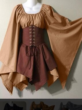 Source Unknown Rust Brown and Tan Peasant Dress with Lace-Up Waist
